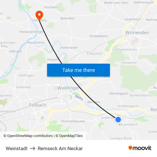 Weinstadt to Remseck Am Neckar map