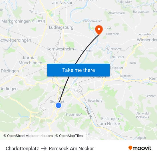 Charlottenplatz to Remseck Am Neckar map