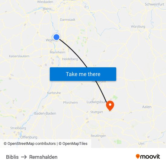 Biblis to Remshalden map