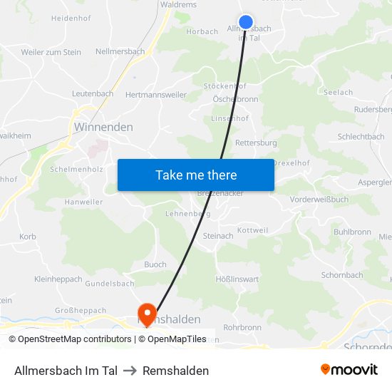 Allmersbach Im Tal to Remshalden map