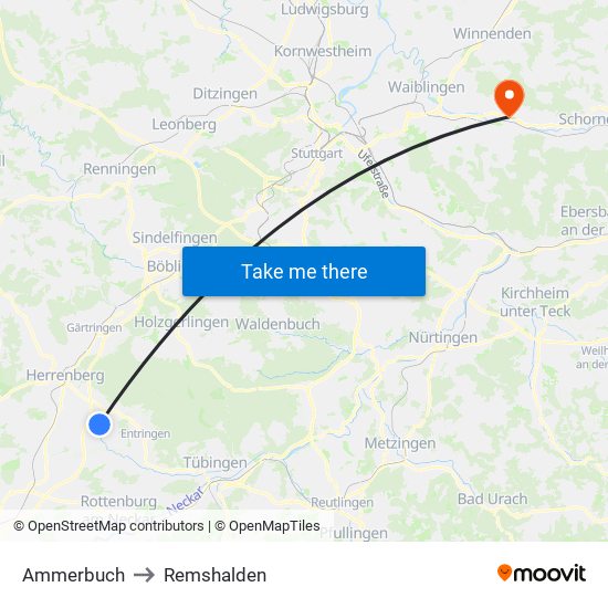 Ammerbuch to Remshalden map