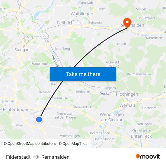 Filderstadt to Remshalden map