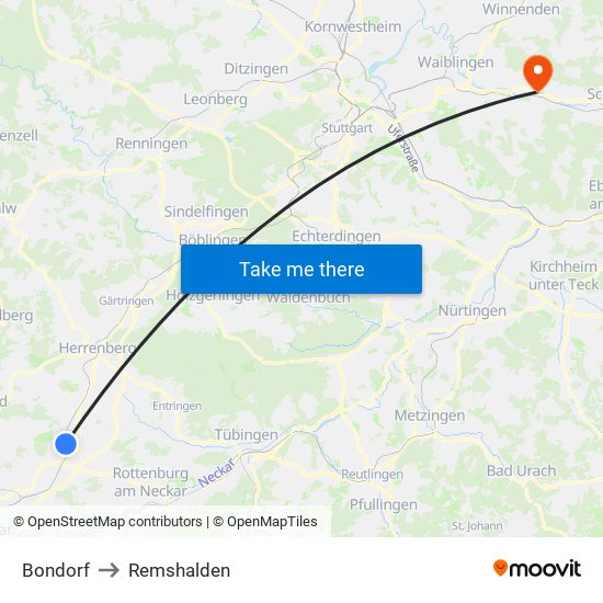 Bondorf to Remshalden map