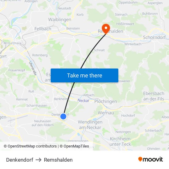 Denkendorf to Remshalden map