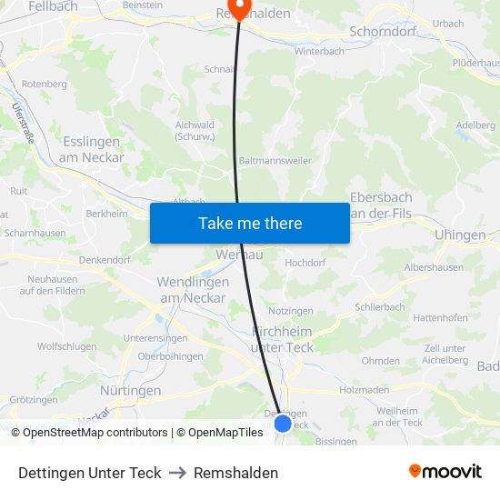 Dettingen Unter Teck to Remshalden map
