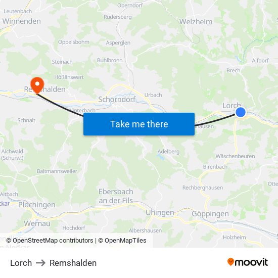 Lorch to Remshalden map