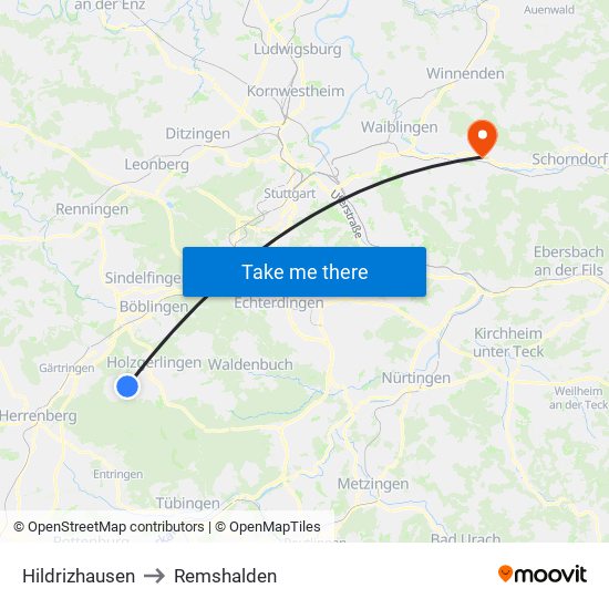 Hildrizhausen to Remshalden map