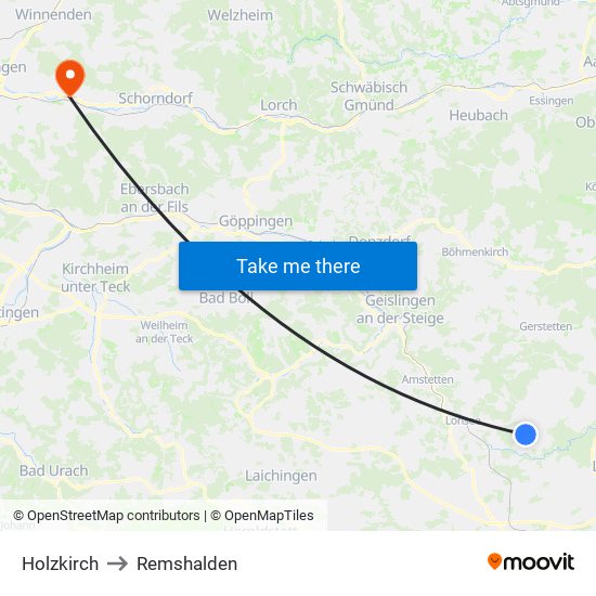 Holzkirch to Remshalden map