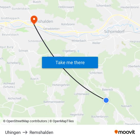 Uhingen to Remshalden map