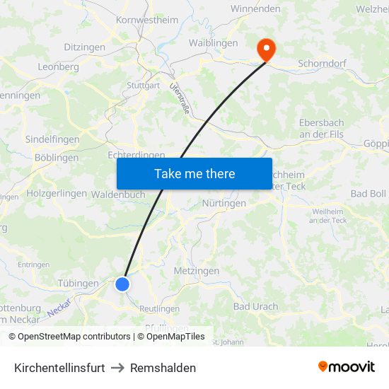 Kirchentellinsfurt to Remshalden map