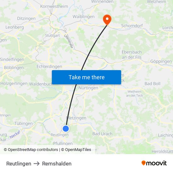 Reutlingen to Remshalden map