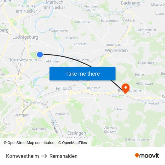 Kornwestheim to Remshalden map