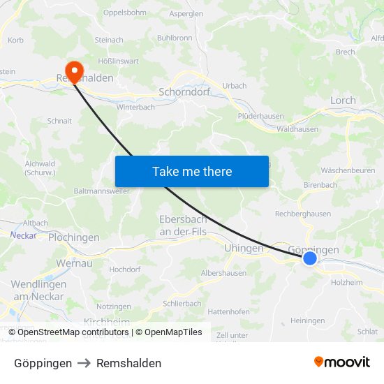 Göppingen to Remshalden map