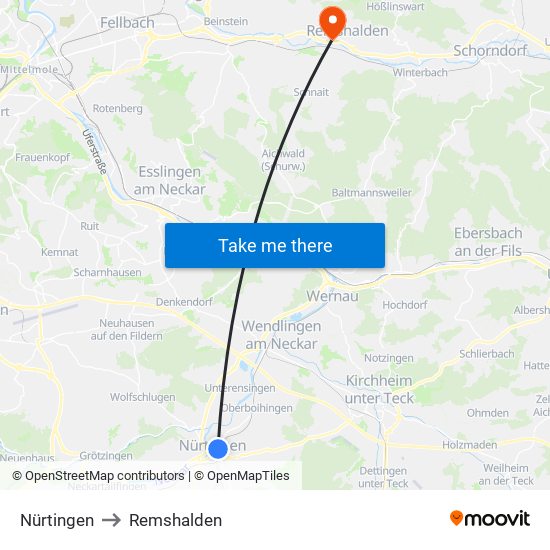 Nürtingen to Remshalden map