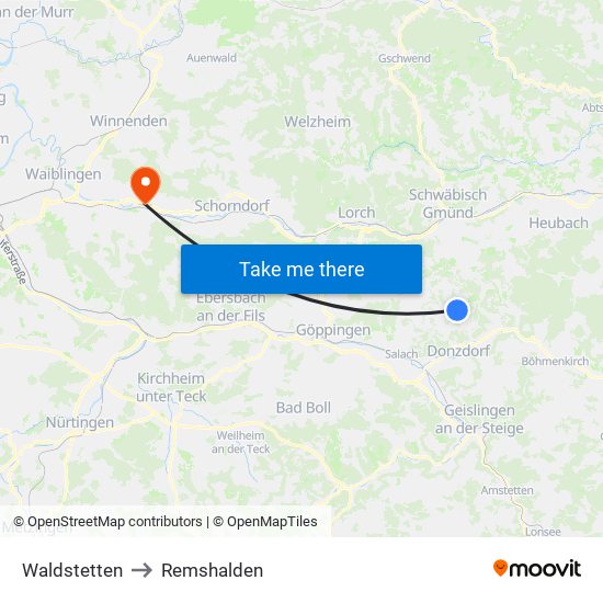 Waldstetten to Remshalden map