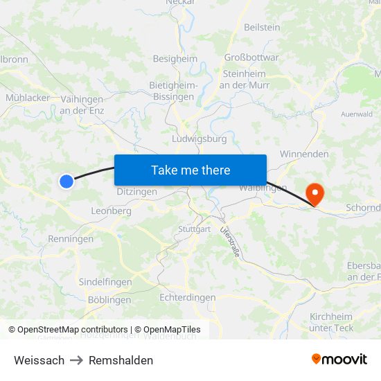 Weissach to Remshalden map