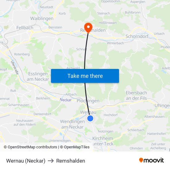 Wernau (Neckar) to Remshalden map