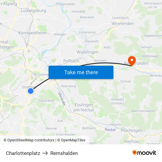 Charlottenplatz to Remshalden map