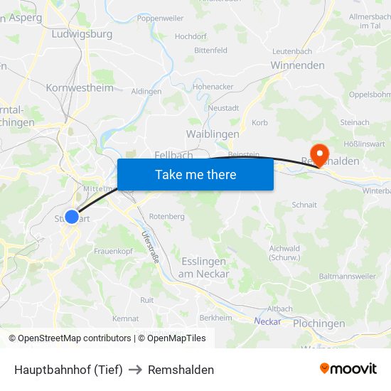 Hauptbahnhof (Tief) to Remshalden map