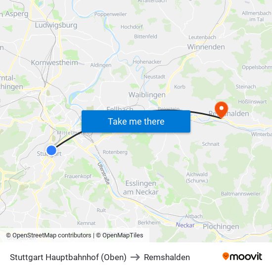 Stuttgart Hauptbahnhof (Oben) to Remshalden map