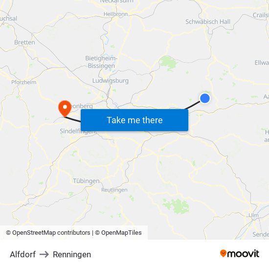 Alfdorf to Renningen map