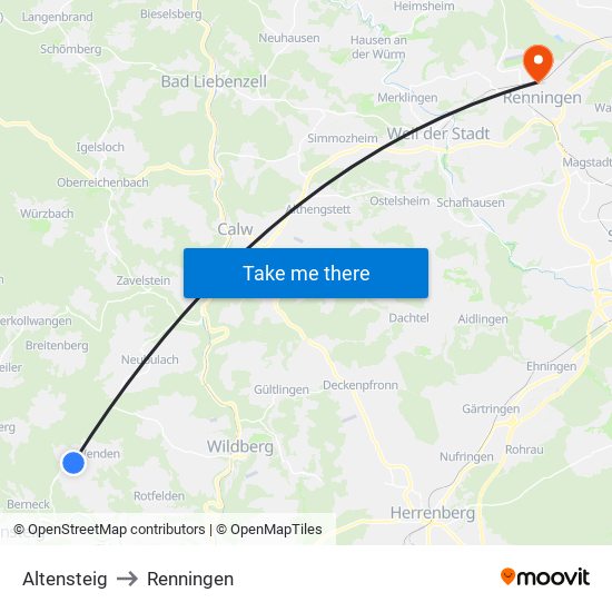 Altensteig to Renningen map