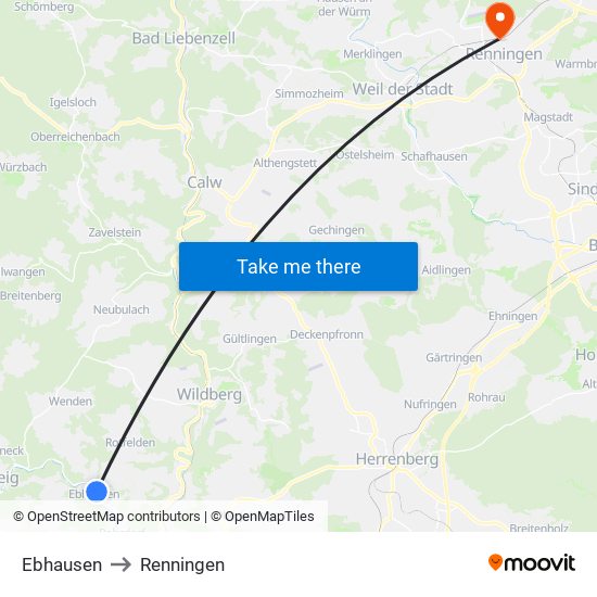 Ebhausen to Renningen map