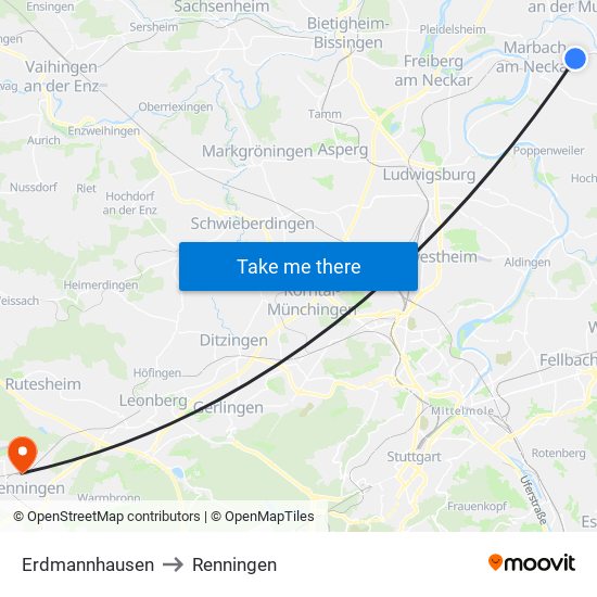 Erdmannhausen to Renningen map