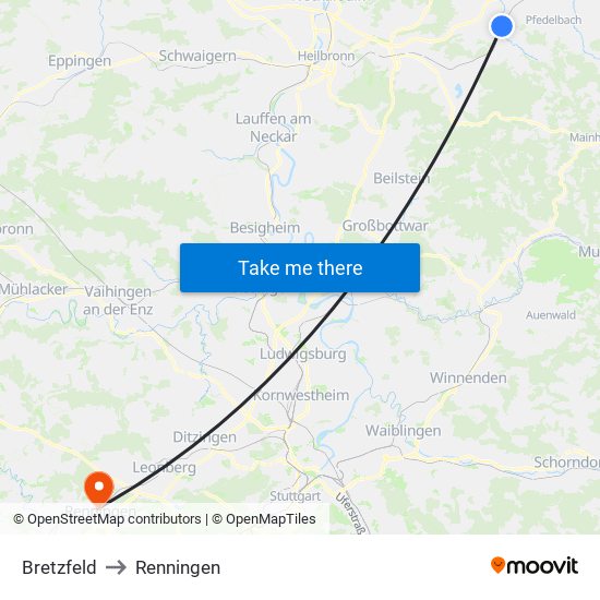 Bretzfeld to Renningen map