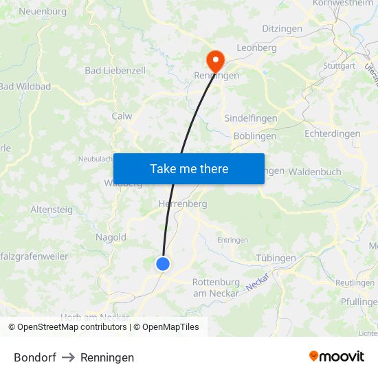 Bondorf to Renningen map