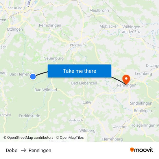 Dobel to Renningen map