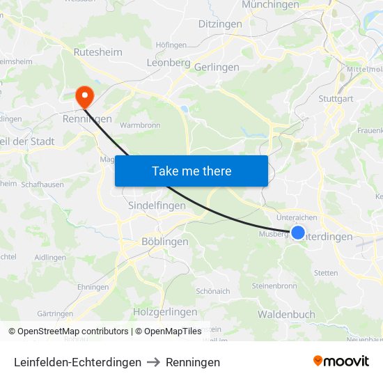 Leinfelden-Echterdingen to Renningen map