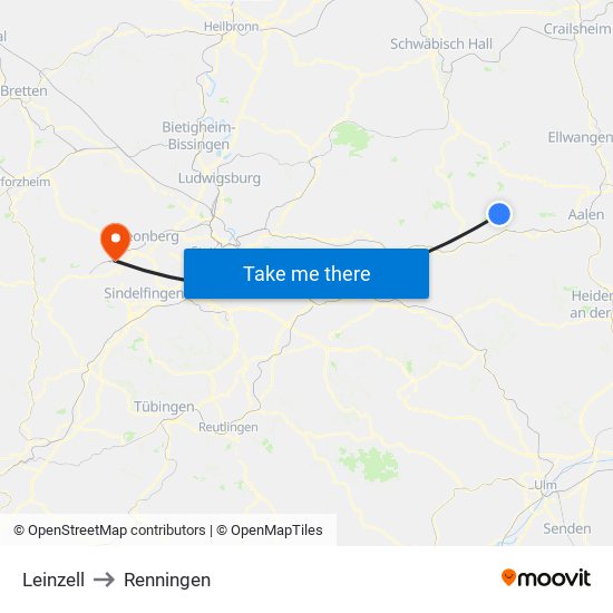 Leinzell to Renningen map