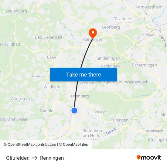 Gäufelden to Renningen map
