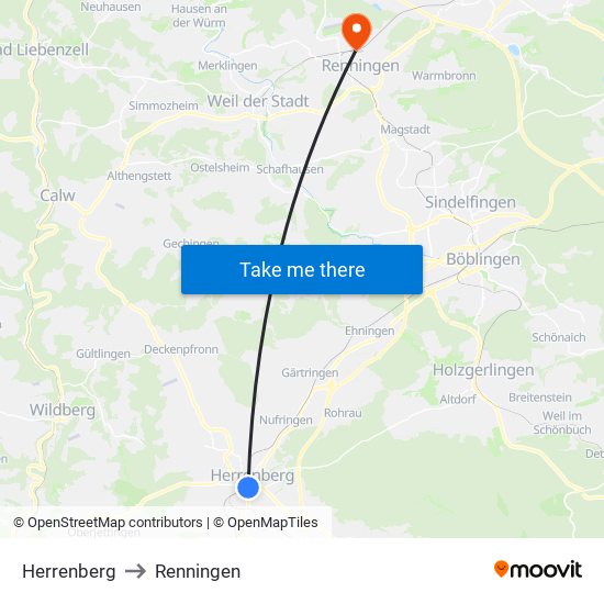 Herrenberg to Renningen map