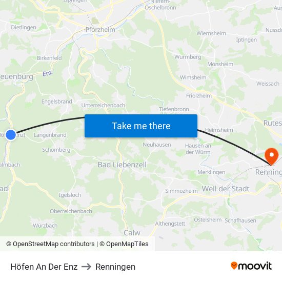 Höfen An Der Enz to Renningen map