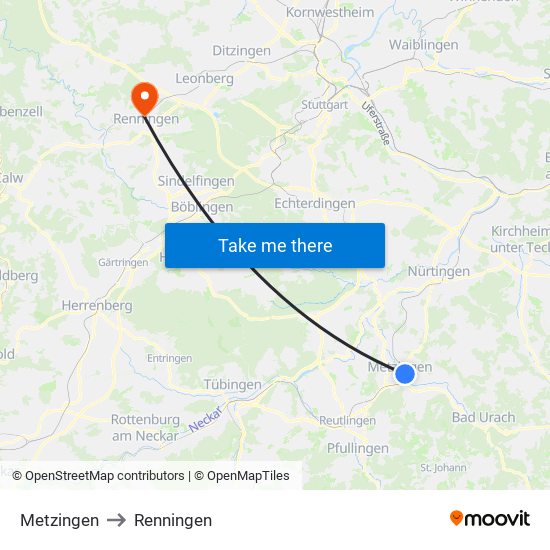 Metzingen to Renningen map