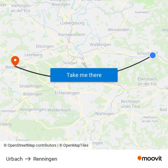 Urbach to Renningen map