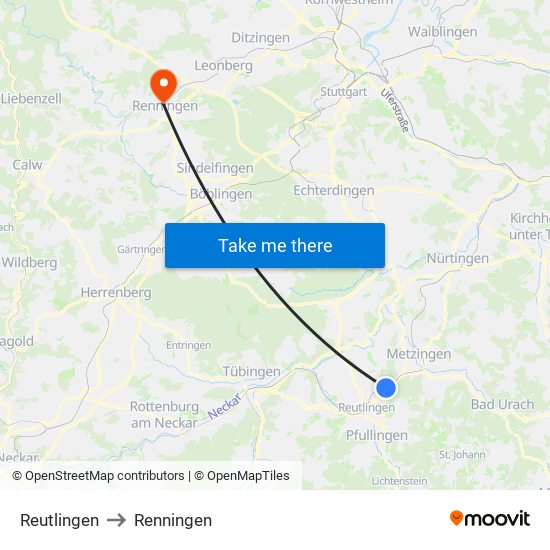 Reutlingen to Renningen map