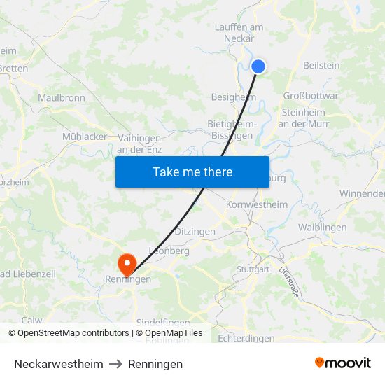 Neckarwestheim to Renningen map