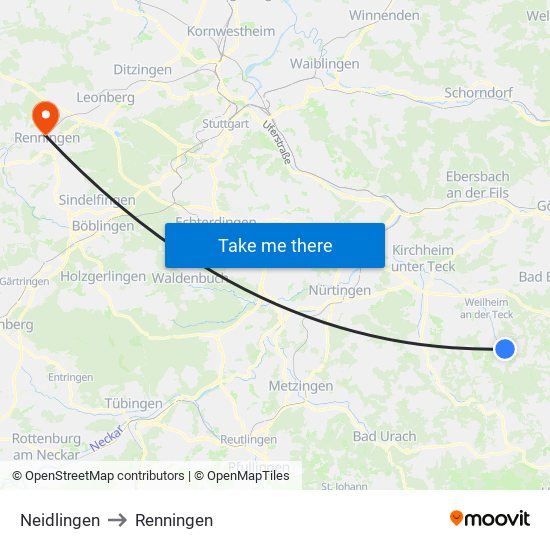 Neidlingen to Renningen map