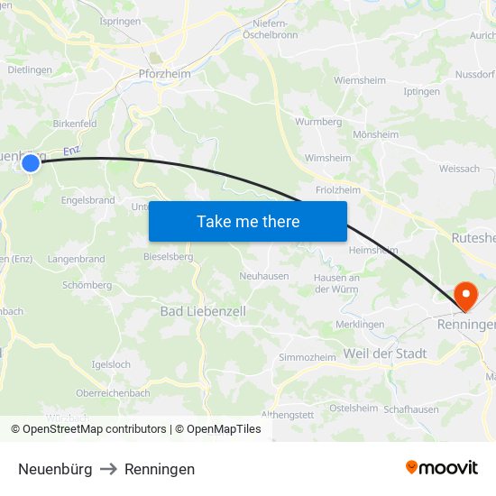 Neuenbürg to Renningen map