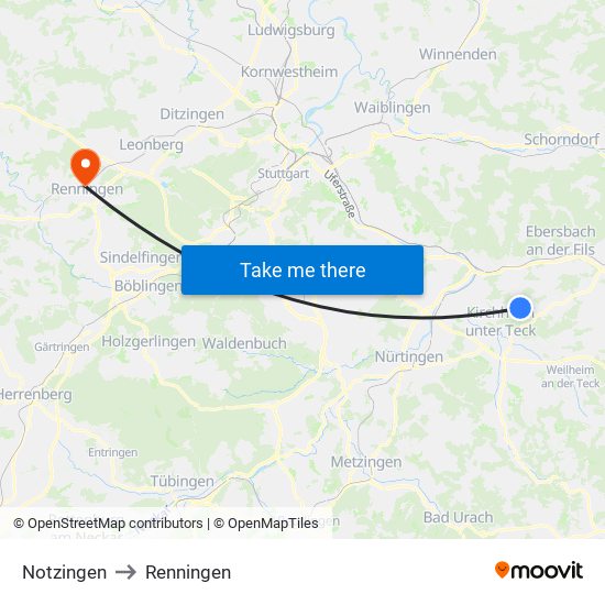 Notzingen to Renningen map