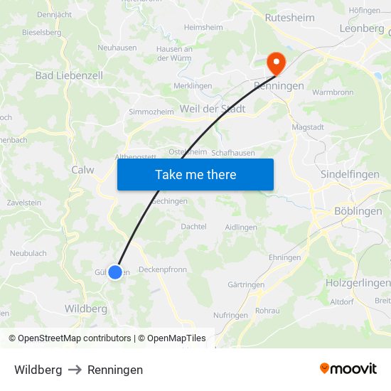 Wildberg to Renningen map