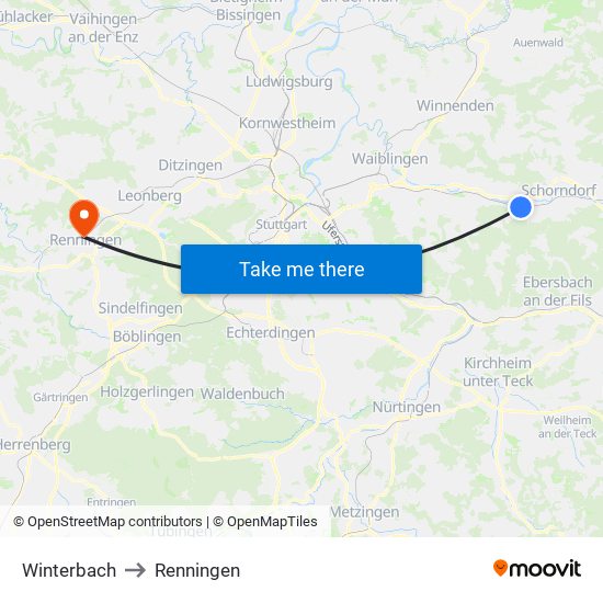 Winterbach to Renningen map