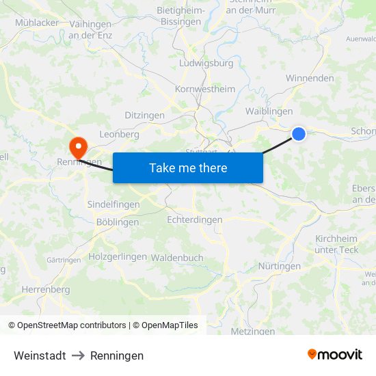 Weinstadt to Renningen map
