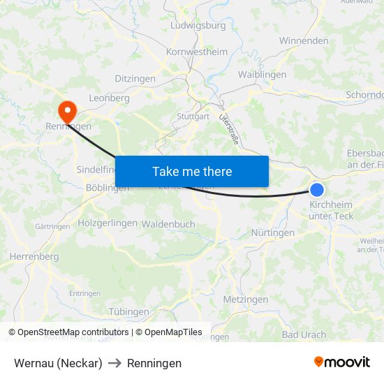 Wernau (Neckar) to Renningen map