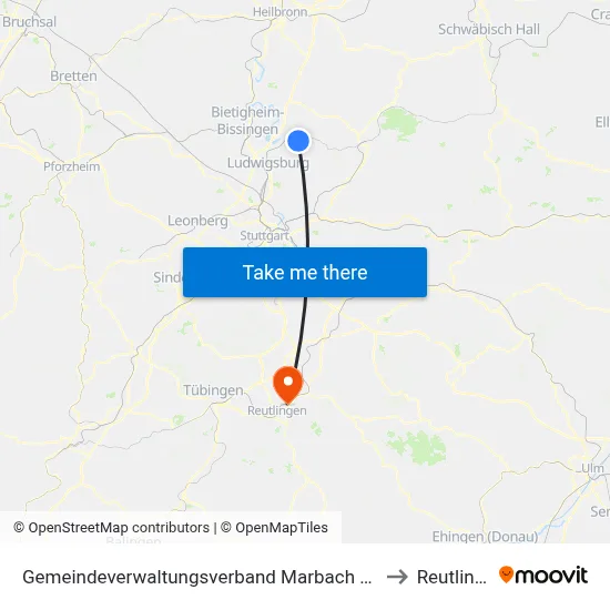 Gemeindeverwaltungsverband Marbach am Neckar to Reutlingen map