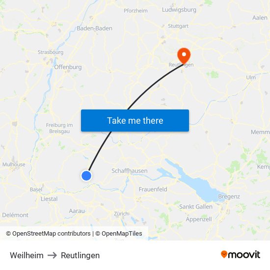 Weilheim to Reutlingen map