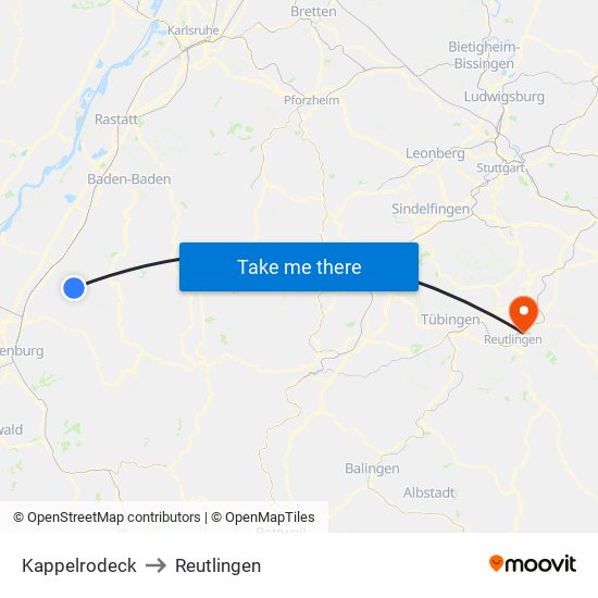 Kappelrodeck to Reutlingen map